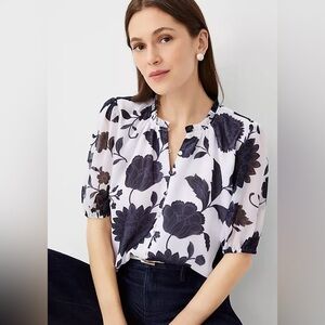 Ann Taylor Floral Mixed Media Ruffle Neck Top